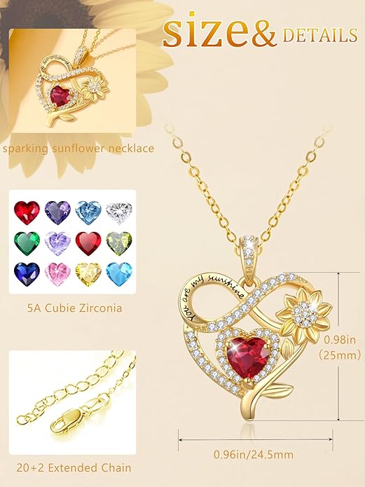 14K Gold Sunflower Heart Necklace for Women, You Are My Sunshine Jewelry with Birthstone Pendant, Anniversary Birthday Gifts for Her Wife Mom Grandma Daughter