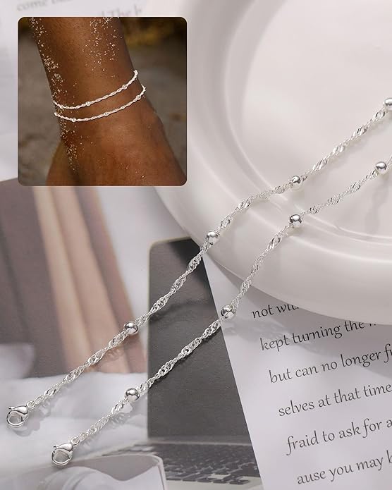 FUNEIA Gold Silver Ankle Bracelets for Women Waterproof 14K Gold Plated Anklets for Women Non Tarnish Dainty Layered Beaded Heart Anklet Set Summer Beach Foot Chain Jewelry Gifts Trendy Stuff
