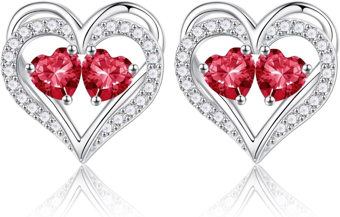Iefil Birthstone Earrings for Women - 925 Sterling Silver Heart Earrings Anniversary Birthday Gifts for Women Wife Girlfriend Mom