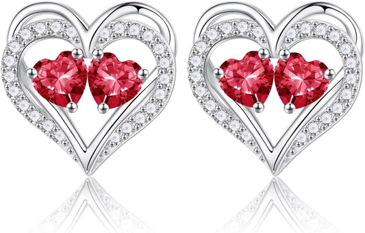 Iefil Birthstone Earrings for Women - 925 Sterling Silver Heart Earrings Anniversary Birthday Gifts for Women Wife Girlfriend Mom