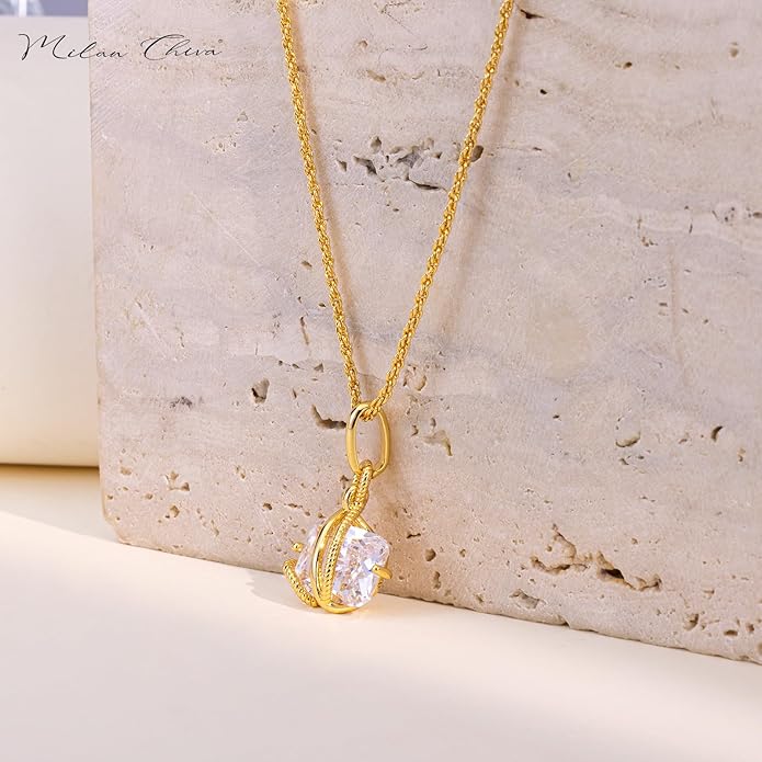 Milan Chiva Gold Pendant Necklace for Women 14K Dainty Cubic Zirconia GemStone Statement Chain Jewelry