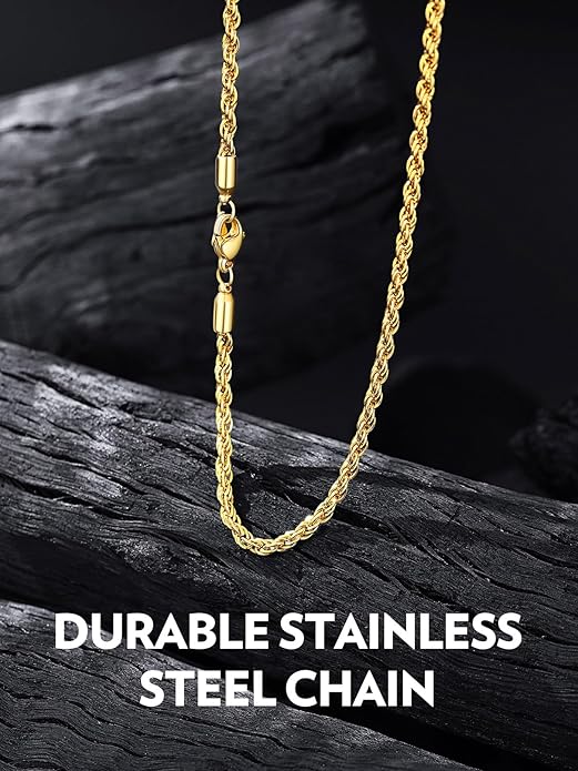 Bandmax Solid 1.5mm/2mm/3mm/6mm Rope Chains for Men Women 14K Gold Plated/Black Plated Stainless Steel Twist Chain 16-30 Inches, with Gift Box