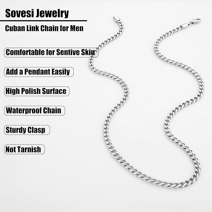 sovesi 3.5/5mm Cuban Link Chain Necklace for Men, Silver Tone/Black/14K Gold Plated Stainless Steel Necklace Chain, Mens Chain 16-28 Inch Jewelry Gift