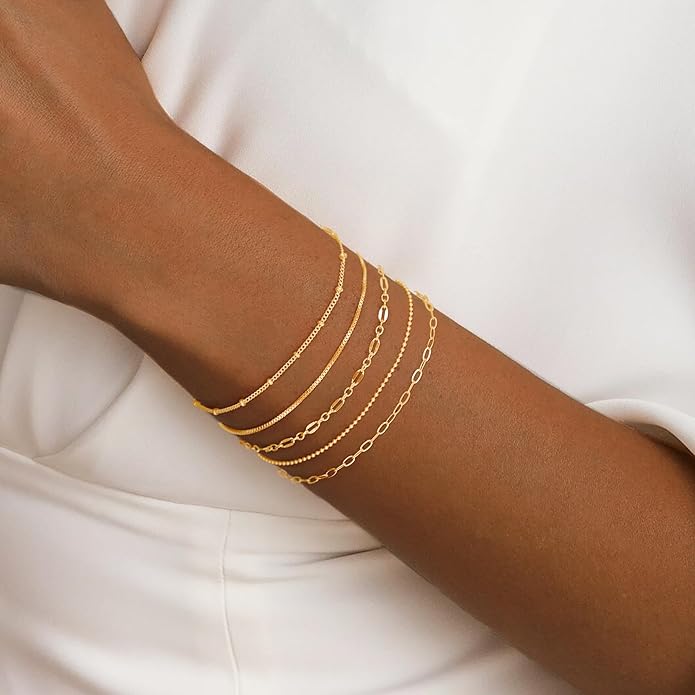 Gold Bracelets for Women Trendy,14K Gold Plated Dainty Stackable Paperclip Cuban Link Chain Bracelets, Simple Cute Cuff Bracelets Jewelry Set Adjustable 7"+2"