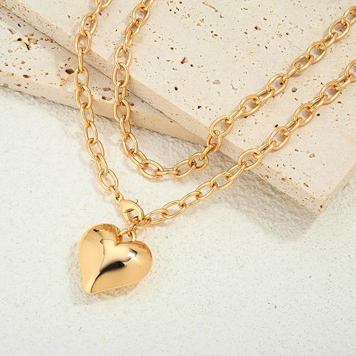 CLASSYZINT Gold Heart Pendant Necklace for Women Puffy Heart Necklace Beads Chain Necklace Statement Necklace Trendy Jewelry