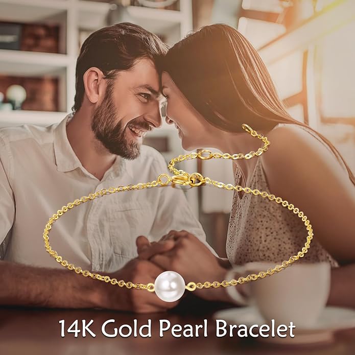KECHO 14K Real Gold Freshwater Cultured Pearl Bracelet 14K Solid Gold Jewelry Anniversary Birthday Gift for Women