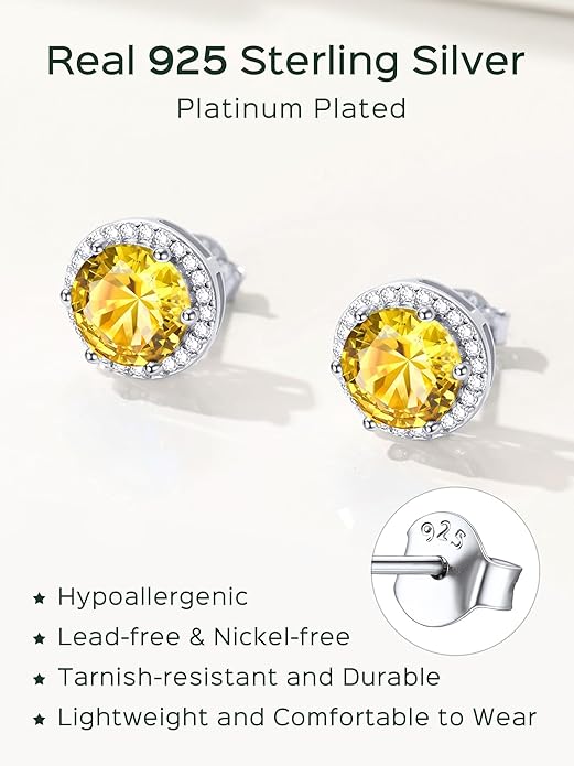 ChicSilver 925 Sterling Silver Birthstone Earrings for Women, 8MM/2 Carat Heart & Round Cubic Zirconia Stud Earrings, Hypoallergenic Jewelry, Ideal Birthday or Christmas Gifts