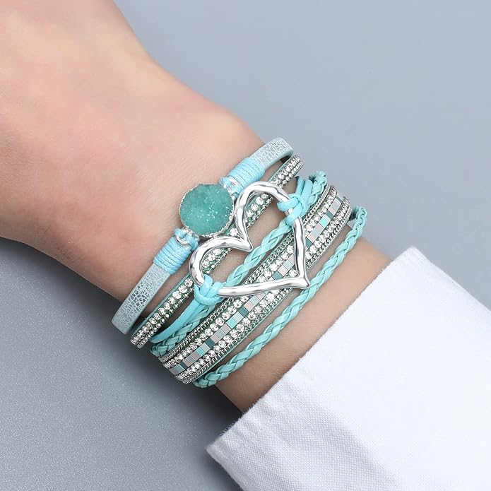 Leather Wrap Bracelet for Women Beaded Cuff Bracelet with Heart-shape Decor Bohemian Crystal Bracelet Jewelry with Clasp Bangle Bracelet for Women Girls Birthday Holiday Gift