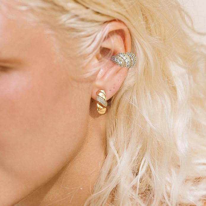 Gold Huggie Hoop Earrings 14K Gold Plated Dainty Chunky Thick Hoop Diamond Cubic Zriconia Inlay Sleeper Tiny Delicate Boho Beach Simple Hypoallergenic Jewelry Gift for Her