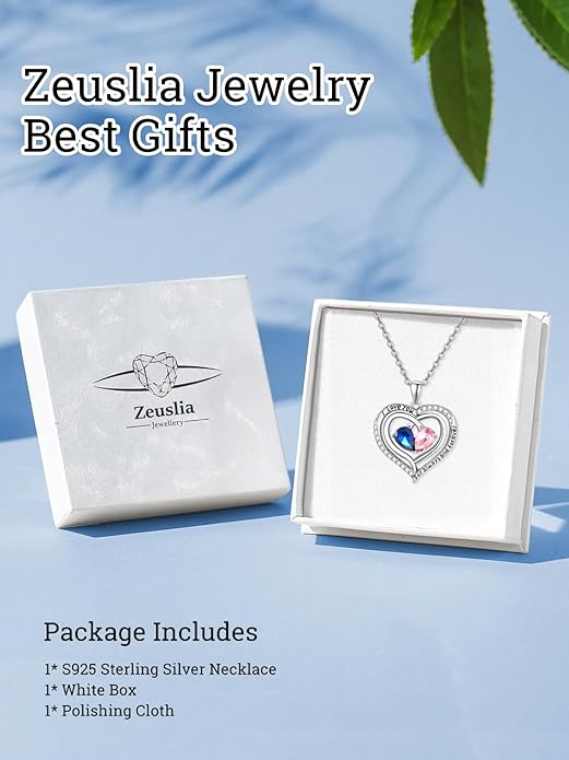 Zeuslia Double Birthstone Necklace Gifts for Wife - 925 Sterling Silver Sunflower/Rose/Crown Cross/Compass/Heart Pendant I Love You Necklace, Anniversary Birthday Gifts for Wife Girlfriend Mom Her