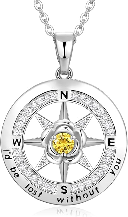 Silver Compass Necklace for Women Birthday Gifts for Wife Anniversary Necklace for Women Rose Flower Birthstone Necklaces for Wife Jewelry for Womens Girlfriend Mom Daughter