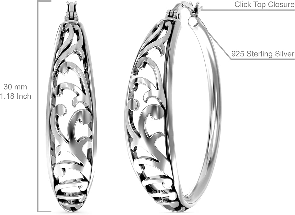 LeCalla 925 Sterling Silver Hoop Earrings for Women | Women's Filigree Hoop Earrings | Antique Oxidized Openwork Mesh Filigree Cut Earring Chunky Hoops | Hypoallergenic Vintage Filigree Oval Hoop Earrings for Women