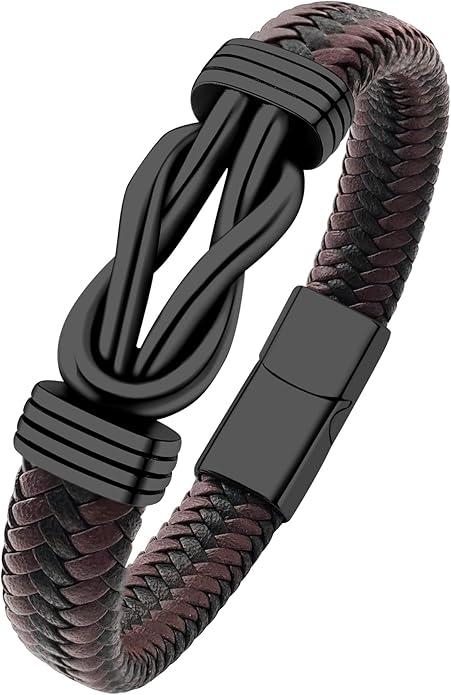 Mens Black Braided Leather Bracelet, Green/Red/Brown/Black Braided Leather Infinity Knot Bracelets for Men with Stainless Steel Clasp, 7.5/8.5/9in Length