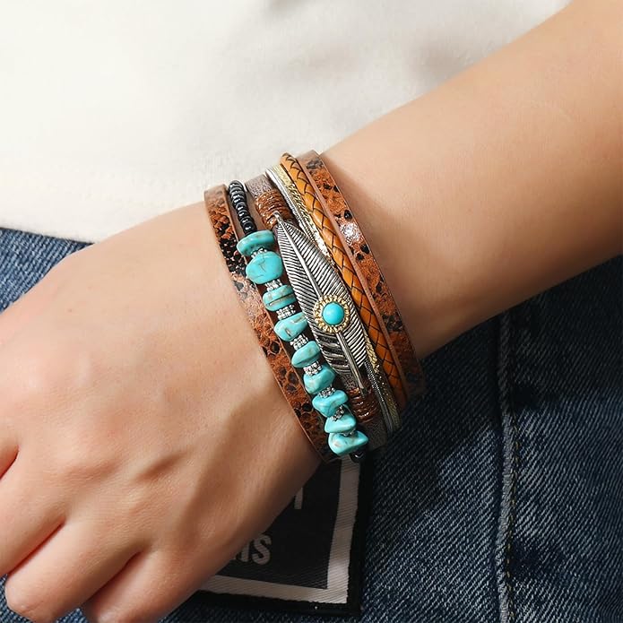 Fesciory Leopard Bracelet for Women, Boho Leather Wrap Multi-Layer Pearl Crystal Bracelet Bangle Jewelry