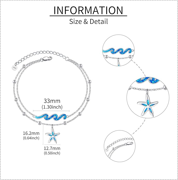 YFN Wave Anklet 925 Sterling Silver Ocean Wave Layered Ankle Bracelet Wave Beach Jewelry for Women Gifts