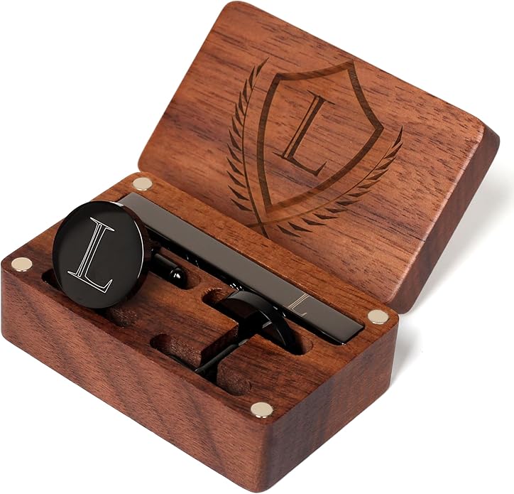 Mens Initial Cufflinks and Tie Clip A-Z Alphabet Letter Black Stainless Cuff Links Tie Bar with Engraved Walnut Wood Box Groom Groomsman Wedding Set