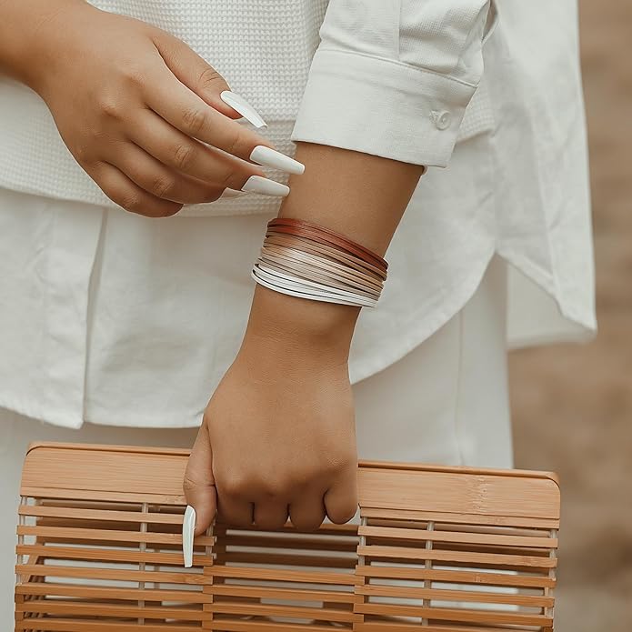 FANCY SHINY Boho Leather Wrap Bracelet Stackable Layered Bangle Cuff with Magnetic Clasp