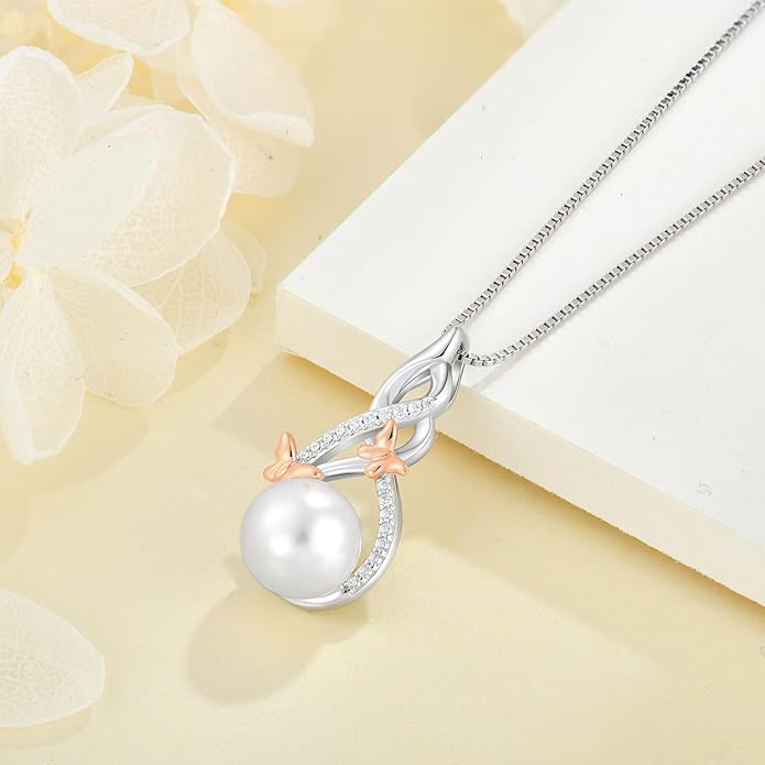 Veshon Celtic Infinity Pearl Pendant Necklace for Women, 925 Sterling Silver Good Luck Irish Pendant with 10MM Freshwater Cultured Pearl, White/Rose/ 14K Gold Plated Jewelry Gift