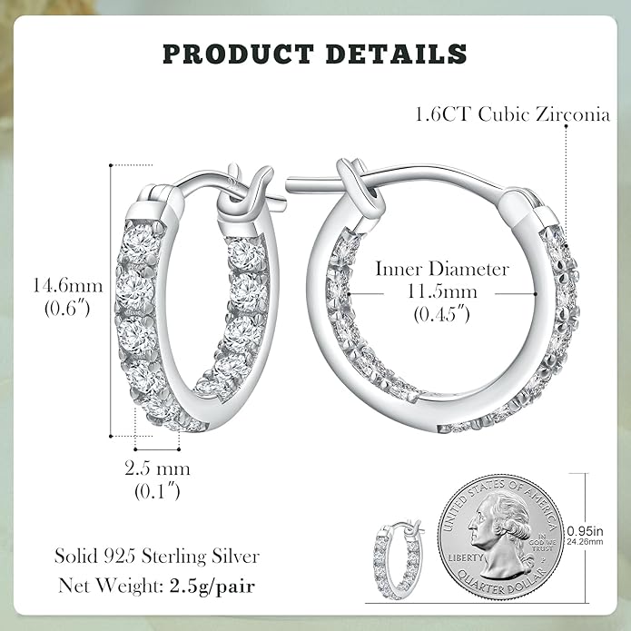 Yellow Gold Plated/925 Sterling Silver Sparkle Cubic Zirconia Hoop Earrings for Women fit Sensitive Ears 14mm/20mm/26mm Huggie/Medium/Large Hoops(with Gift Box)