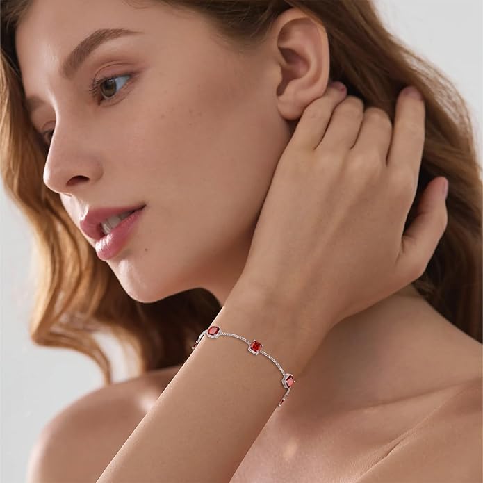 Birthstone Bracelet for Women 925 Sterling Silver Dainty Princess Cut Link Bracelet Jewelry Gifts for Her