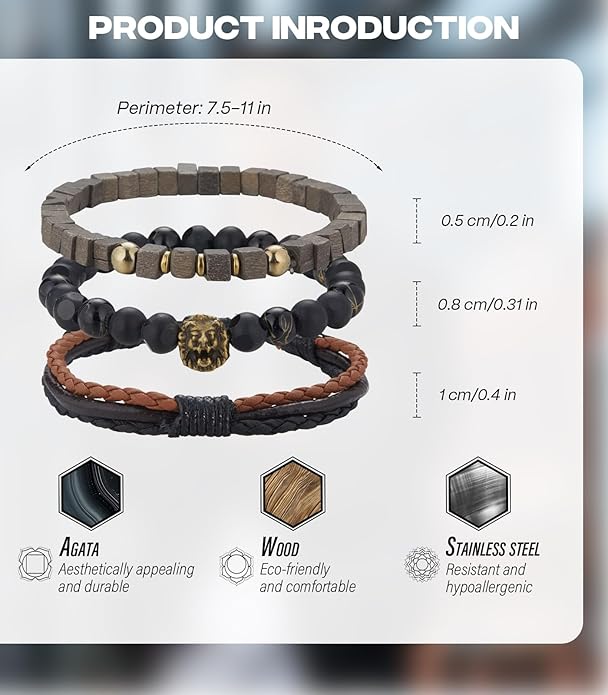 3pc Mens Beaded Bracelets Silver Stainless Steel Chain Bracelet for Men Handmade Braided Bracelet Sets Jewelry Gifts for Men