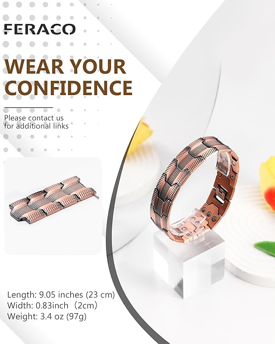 Feraco Copper Bracelet for Men 3X Strength,Magnetic Therapy Bracelet Copper Jewelry with Powerful 3800 Gauss Magnets,Premium Fold-Over Clasp