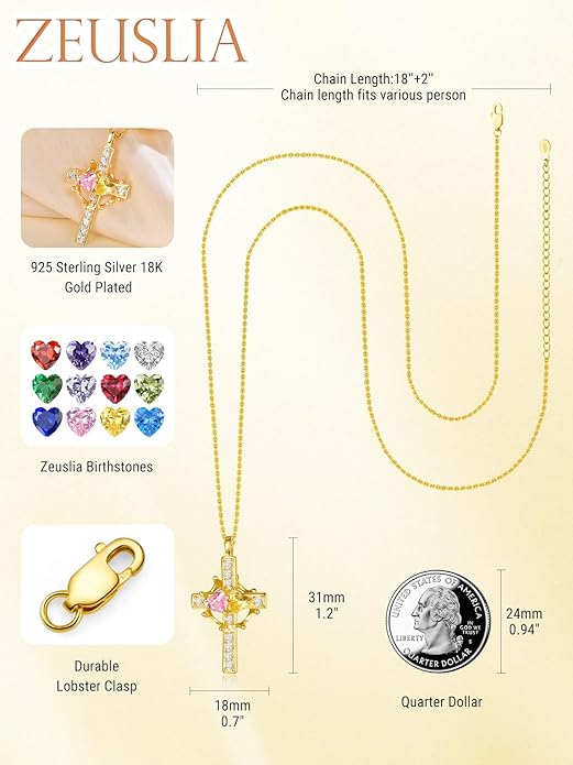 Zeuslia Double Birthstone Necklace Gifts for Wife - 925 Sterling Silver Sunflower/Rose/Crown Cross/Compass/Heart Pendant I Love You Necklace, Anniversary Birthday Gifts for Wife Girlfriend Mom Her