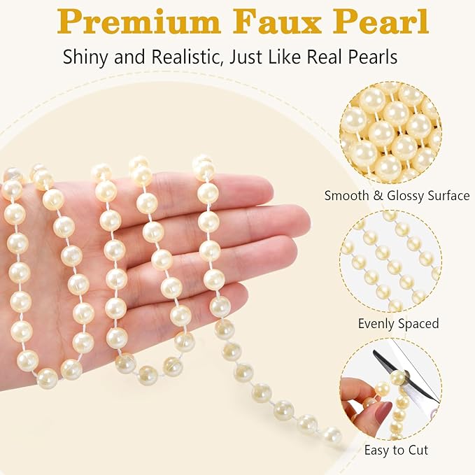 48 Feet Faux Pearl Garland, 8mm Pearl String Roll Strands, Extended String of Pearls Garland for Christmas Tree Wedding Party Decoration Centerpieces Flowers DIY Crafts (Ivory)
