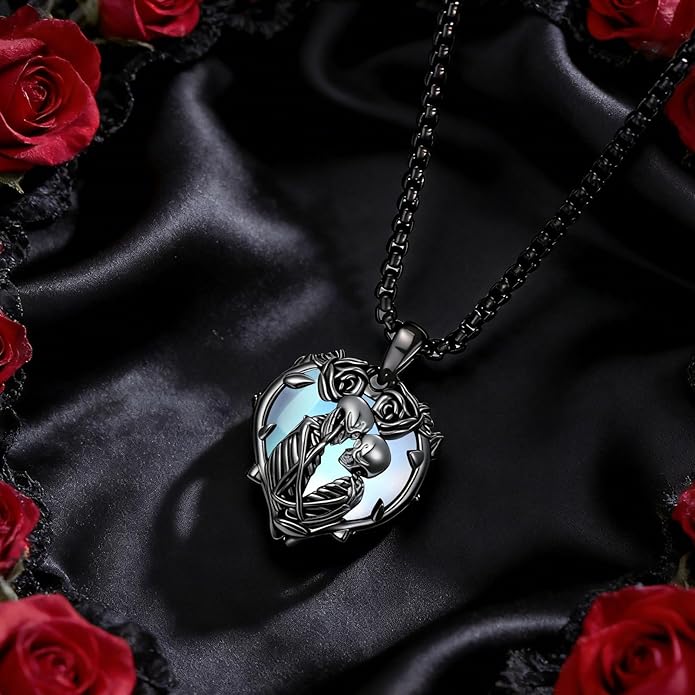 Flpruy 925 Sterling Silver Black Gothic Jewelry Gifts Skeleton Couple Pendant Crystal Birthstone Heart Necklace Punk Romantic Jewelry for Lover Men Women