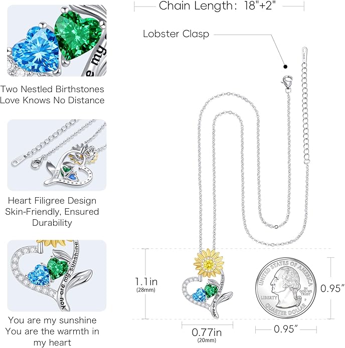PERJI Valentine's Day Gifts for Women - 925 Sterling Silver Double Birthstone Sunflower Necklace, Anniversary Birthday Jewelry You are My Sunshine Gifts for Wife Couple Girlfriend 18"+2" Non Tarnish