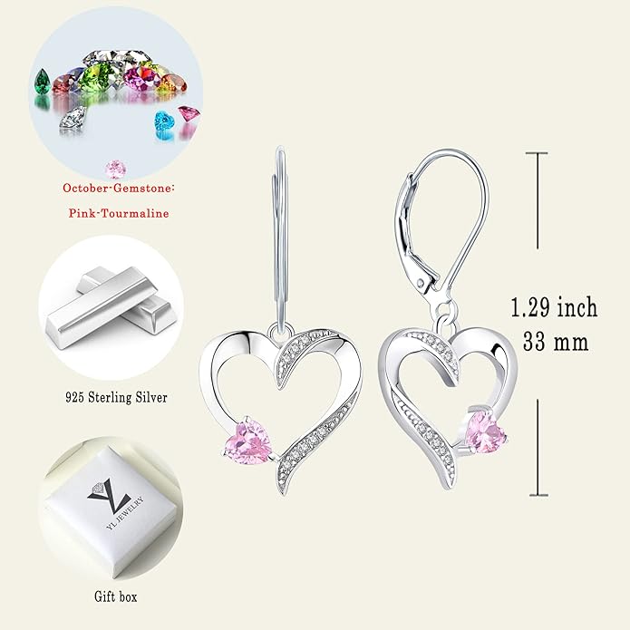 YL Heart Dangle Earrings 925 Sterling Silver Drop Earrings Birthstone Leverback Jewelry for Women