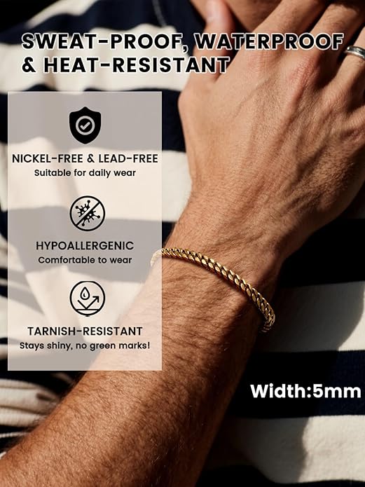 Bestyle Thick Mens Cuban Link Chain Bracelets, Durable Real 18K Gold/Black Metal Plated Solid Stainless Steel Hand Chain Cuban Bracelets for Men, Silver Black Gold Bracelets for Father Husband