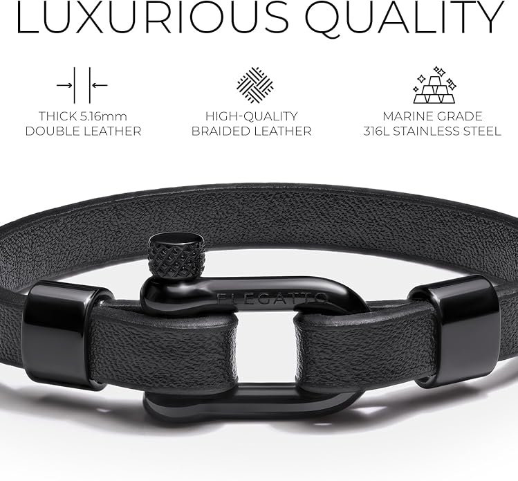 Elegatto Morelle Premium Leather Bracelet for Men | Full-Grain Black Leather with Silver Polished Stainless Steel Shackle Closure | Men’s Designer Jewelry