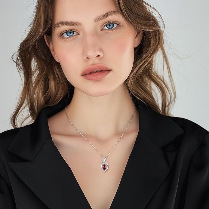 FANCIME Teardrop Gemstone Necklace for Women S925 Sterling Silver Elegant Ribbon Pendent Birthday Gifts for Her, 16"+2" Inches