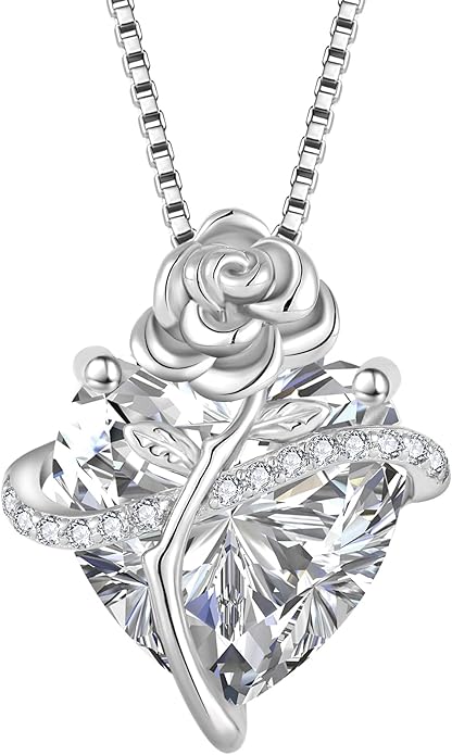 Birthstone Necklace for Women 925 Sterling Silver Love Heart Rose Flower Necklace Dainty Jewelry Gifts for Women Wife Girlfriend Mother Daughter Her