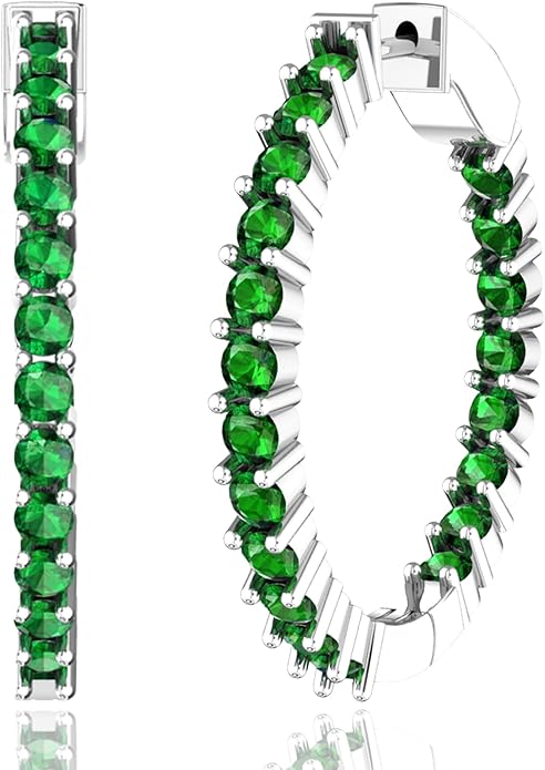 Hoop Earrings with 40 Colored Gemstones, Birthstone Earrings, 925 Sterling Silver Rhodium Plated, Push Back Closure, 1.18'