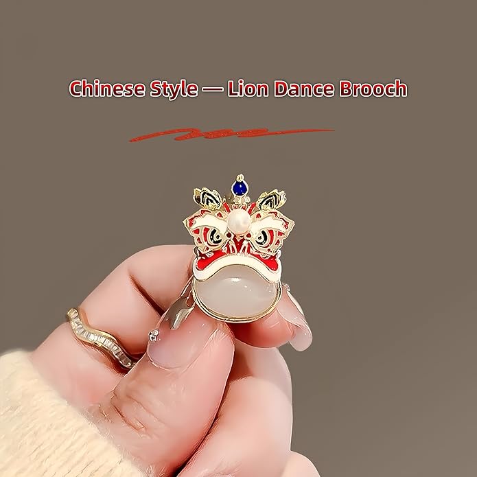 Chinese Lion Dance Brooch, Vintage Enamel Floral & Cat Eye Pearl Adjustable Lapel Pin for Women & Men – Traditional Asian Style Awakening Lion Brooch for Jacket, Blazer, Scarf, Qipao, Wedding, Festival Gift (Gold/Red/Blue)