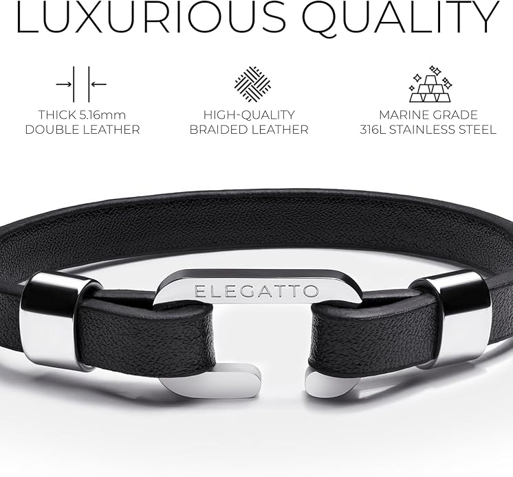 Elegatto Morelle Premium Leather Bracelet for Men | Full-Grain Black Leather with Silver Polished Stainless Steel Shackle Closure | Men’s Designer Jewelry