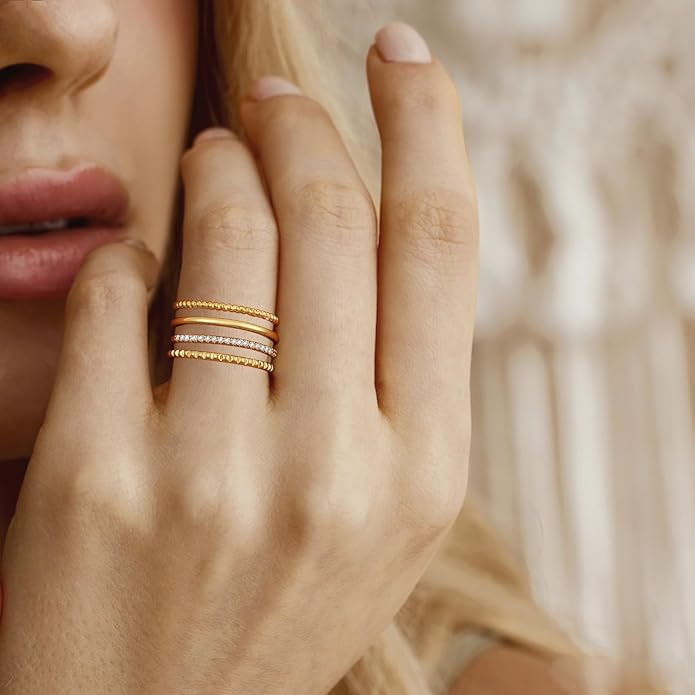 Gold Silver Stackable Rings for Women Non Tarnish 1.3mm Thin Silver Rings Set 14K Gold Plated Dainty Trendy Cubic Zirconia Band Stacking Thumb Ring Jewelry Gifts Size 5-10