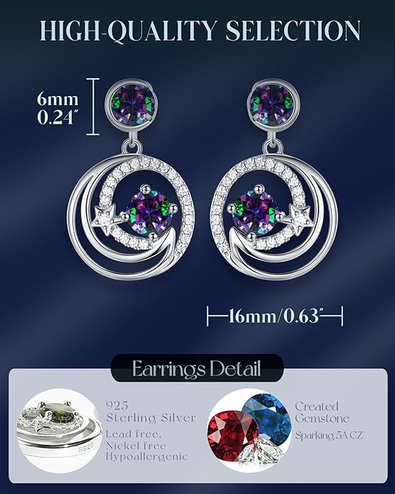 FANCIME Dangle Drop Earrings 925 Sterling Silver Moon Star Round Gemstone Birthstone Jewelry Birthday Christmas Gifts for Her Women