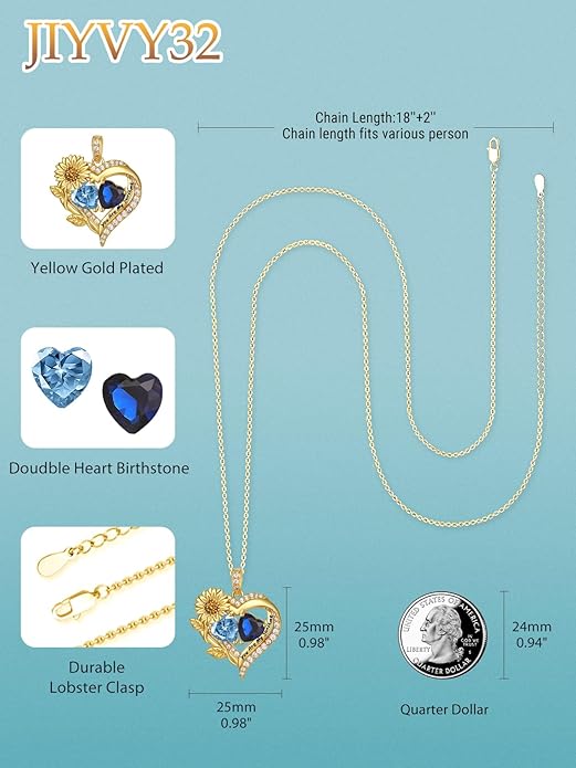 Sunflower Heart Necklace for Women 14K Gold Exquisite Anniversary Birthday Gifts for Wife Mother Her Double Birthstone Pendant jewelry‘You Are My Sunshine’