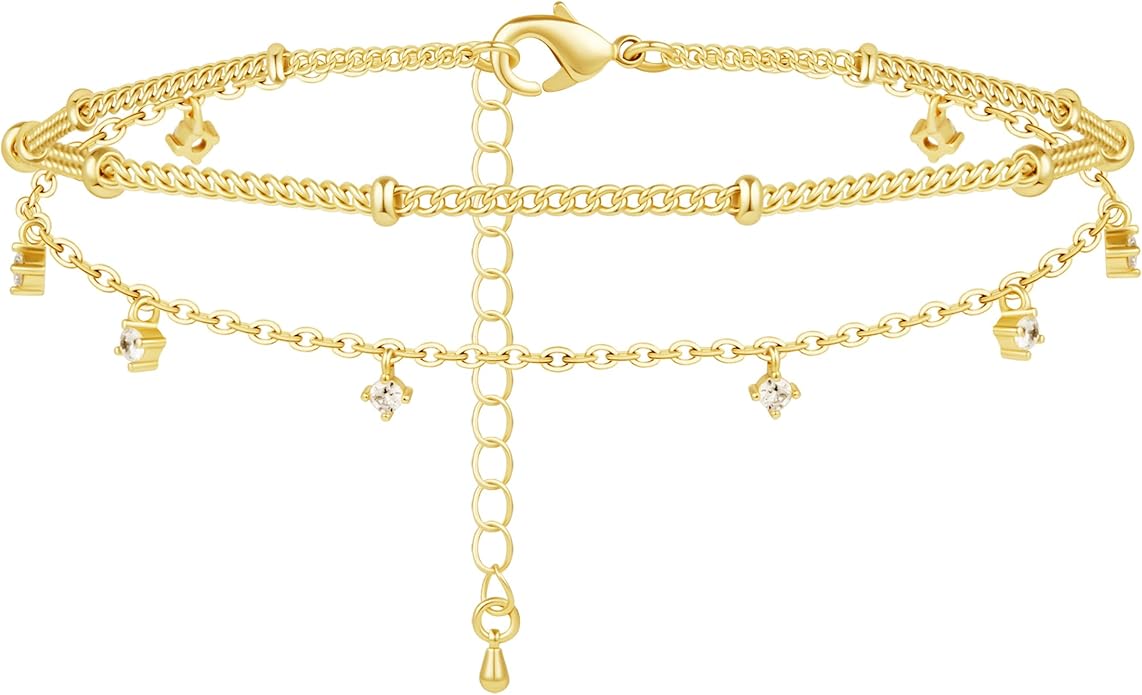 Sterling Silver Anklet Bracelets for Women Waterproof, 925 Sliver Plated CZ & Heart Charm Dainty Layer Anklets for Women Trendy, Simple Chain Anklets Set Gifts for Women, Jewelry Gifts for Her Women Mom Wife Girlfriend