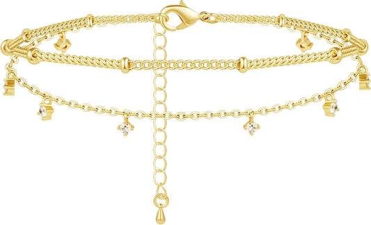 Sterling Silver Anklet Bracelets for Women Waterproof, 925 Sliver Plated CZ & Heart Charm Dainty Layer Anklets for Women Trendy, Simple Chain Anklets Set Gifts for Women, Jewelry Gifts for Her Women Mom Wife Girlfriend