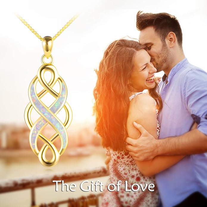 YFN Irish Celtic Knot Created Opal Pendant Necklace Sterling Silver Black Necklaces for Women Men 18"