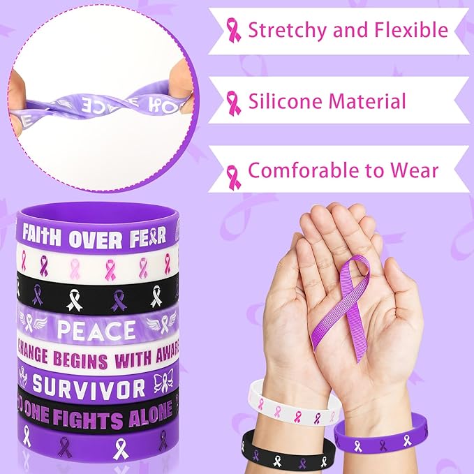 JUNEBRUSHS 64pcs Purple Ribbon Awareness Silicone Bracelets Hope Faith Courage Accessories Wristbands for Lupus Domestic Violence Epilepsy Pancreatic Cancer Alzheimers Awareness Party Supplies