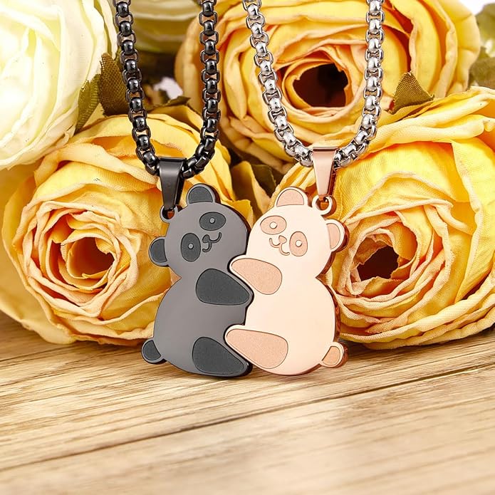 Colentine Panda Couples Necklace Cute Panda Hugging Puzzle Matching Necklaces Gift for Valentines Day