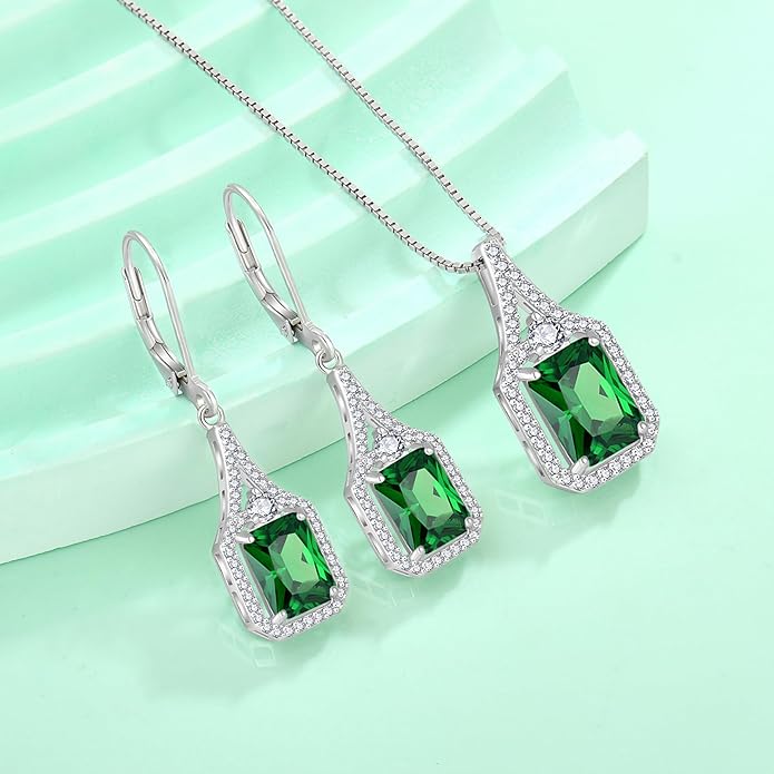 Emerald Cut Dangle Drop Earrings 925 Sterling Silver Halo Rectangular Leverback Earrings Birthstone Jewelry for Women