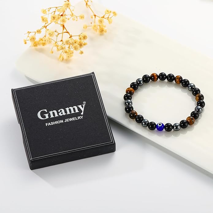 Triple Protection Bracelet for Men, Mens Black Obsidian Hematite Tiger Eye Beaded Natural Stone Evil Eye Bracelet Jewelry Gifts for Birthday Christmas