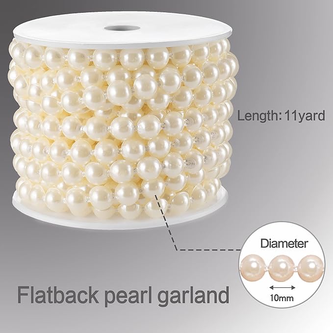 Half-Round Flat Pearl Bead Garland String 10MM 11 Yards, Pearl Beaded Spool Roll Crafts for Wedding Party Decoration (Ivory)