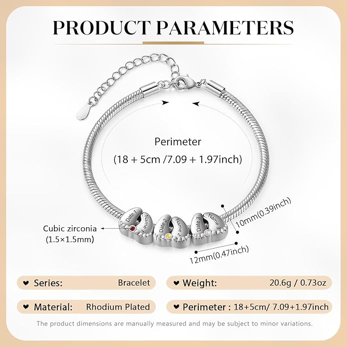 Jeweidea Personalized Foot Charm Birthstone Bracelet – Custom Engraved Bracelet with 1–5 Foot Charms, Name and Date Engraving, Meaningful Jewelry Gift for Mom Wife